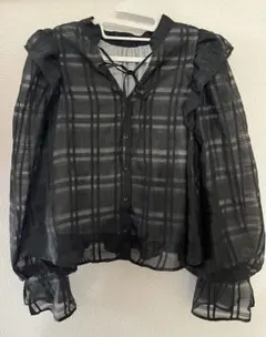 フリル付きブラック系チェックシャツ サイズF(9月末まで)