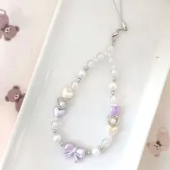 【No148】ビーズストラップ 紫 パープル リボン ハート シルバー系