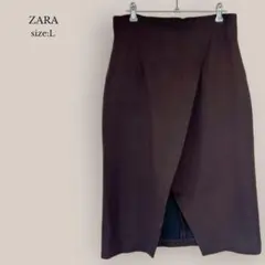 ザラZARA フロントスリットスカート　タイトル　ミモレ丈　ストレッチ　ブラウンのサムネイル