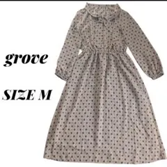 grove ボウタイ付き幾何学柄 ロングワンピース ベージュSIZE M