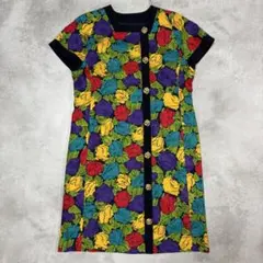 マルチカラー 花柄 半袖ワンピース レトロ ヴィンテージテイスト