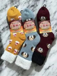 フリースアニマル柄・雪だるま柄ルームソックス3足セット　あったか　モコモコ靴下