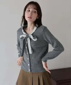 グレー リボン付き ニットセーター Mサイズ