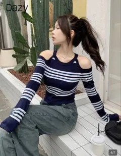 SHEIN シーイン DAZY ラウンドネック長袖ストライプtシャツ