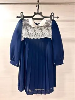 ネイビー レース付き プリーツドレス