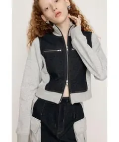 [SLY]ジップアップジャケット グレー×ダークデニム