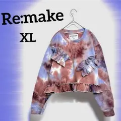 古着リメイク 裏起毛トレーナー タイダイ柄 ピンクパープル フリル XL