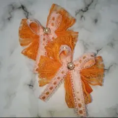 ハンドメイド　量産型　サテンリボンレース　オレンジ　フラワーパール　ヘアクリップ