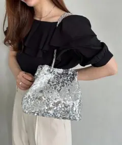 スパンコール シルバーバケツ型ハンドバッグ