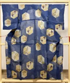 A 夏物 花模様 藍色 小紋 化繊 薄物 絽 紗 着物 着丈164 裄68 - メルカリ