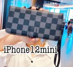 iPhone12mini チェック柄手帳型ケース ブラック