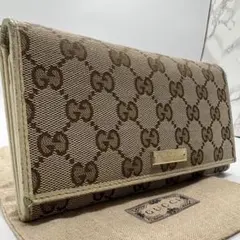【美品】グッチ 長財布 GGキャンバス ロゴプレート 折り財布 フラップ