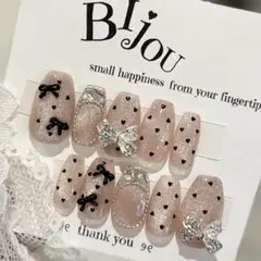 サイズオーダー　ネイルチップ　フレンチガーリー　ドット　マグネット　リボン　韓国