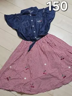 【150】メゾピアノ　ギンガムチェック×デニム　ワンピース　刺繍