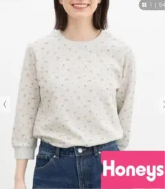 未使用　ハニーズ　シネマクラブ　7分袖ワッフルクルーTシャツ　ピンク花柄　M