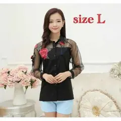 ☆トレンド☆  花柄 シースルー ZARA系 トップス レディース ブラックL
