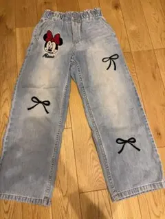 H&M ディズニー ミニー デニムパンツ 140 ワイドデニム リボン刺繍