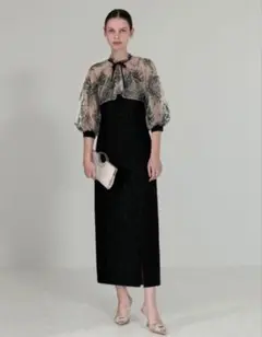 ボレロプチハイネックパフスリーブ刺繡花柄ワッフルIラインタイトスリットワンピースのサムネイル
