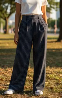 グリーンレーベルリラクシング　紺白ピンストライプワイドパンツベルトなし36低身長