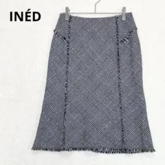 イネド スカート 千鳥格子 フリンジ 11号 L ウール混 日本製 P1146