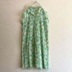 レトロ ワンピース ノースリーブ 花柄 夏 涼しい 古着 オールド感 グリーン