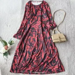 美品(F)長袖ロングワンピース/プルオーバー/総柄/花柄/ストレッチ