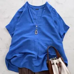 美品　ジャーナルスタンダード　レーヨン麻ノーカラーブラウス　ブルー