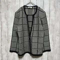 ノーカラー白黒チェック柄ニットジャケット【M】
