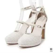 ダブルストラップ3WAYツイードプラットフォーム厚底ヒールパンプス　ホワイト