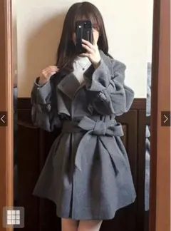 襟2Wayリボンベルト付きフェイクウールトレンチコート [kz568]