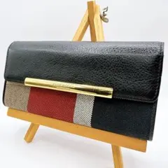 【美品】ブルーレーベルクレストブリッジ 長財布 チェック レザー 金具ロゴ 黒