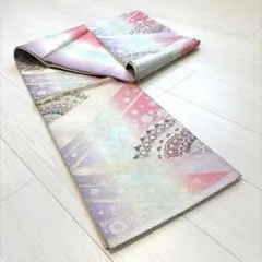 ピンク 紫 青 グラデーション 振袖用 袋帯 正絹 扇子柄 帯 成人式 シルバー