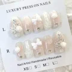 現品୨୧フレンチガーリーネイルチップ　韓国　ピンクチーク　薔薇レース　バレリーナ