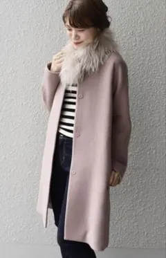 SHIPS ファー付き ピンク コート ノーカラー ロングコート 2way