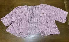ハンドメイド　レース手編み物ボレロ半袖 ピンク花モチーフ　リボン付き