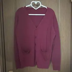 バーガンディ Vネック カーディガン