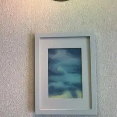 オイルパステル画 空 月 雲 風景画 額縁付き 絵画　風景画