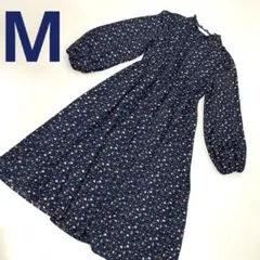 ネイビー　花柄　ロングワンピース　スタイルアップ　長袖