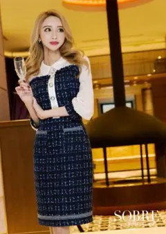 SOBRE ソブレ ショールカラーツイードワンピース ドレス　キャバ　ネイビー