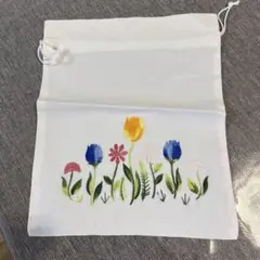 花柄刺繍 コットン 巾着袋