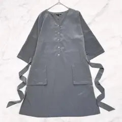 美品 ローラアシュレイ 上品 ワンピース 11 グレー ベルト付き 2way袖