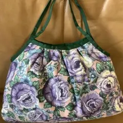 紫色のバラ柄と緑色の木の葉柄グラニーバッグ　リバーシブル　ハンドメイド