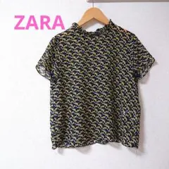 ☀ZARA フラワープリント 半袖シャツ シアー フリルネック 半袖ブラウス