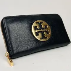 美品 トリーバーチ 長財布 ラウンドファスナー ロゴプレート ゴールド ブラック