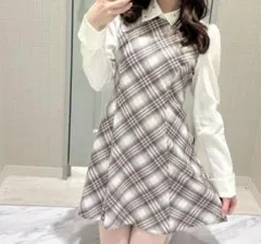 evelyn 襟チェックワンピース　ピンク