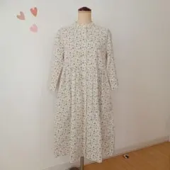 ゴールデンベア　七分袖　花柄　ワンピース　バンドカラー　リネン麻