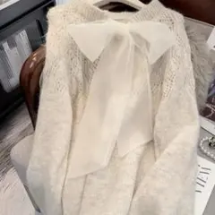 アイボリー 透かし編みニット リボン付き