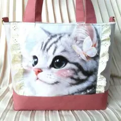 子猫ちゃん、薔薇生地のミニトートバッグ マチ広 ☆ハンドメイド品