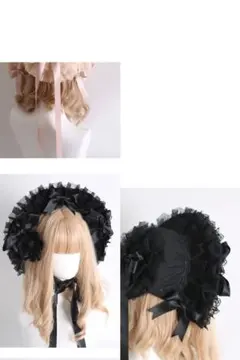 新品黒い高品質ロリータヘッドドレス フリル付きフリーサイズ