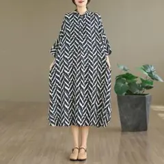 シャツワンピース プリント スタンドカラー ボタン 体型をカバー 着痩せ